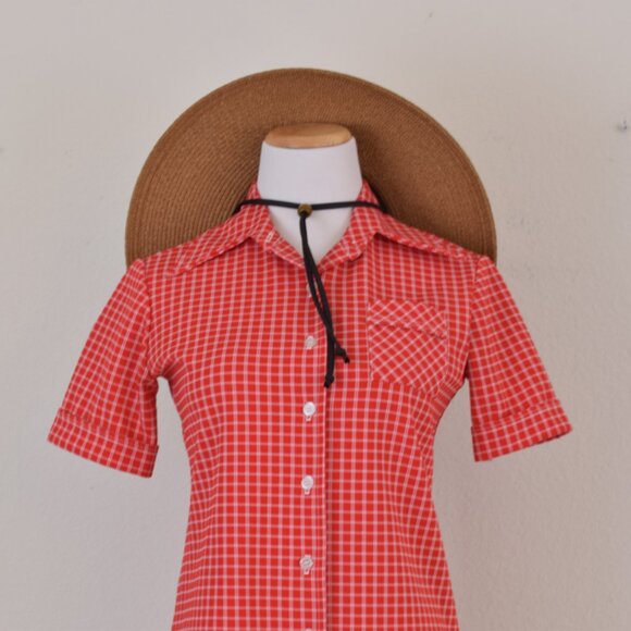 Vintage 70s Polyester Red and White Plaid Top - Picture 5 of 9